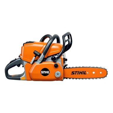 Kettensäge vom STIHL mit grauem Gehäuse, orangenem Deckel und schwarzen Griffen, die Schiene ist Grau mit Kette, seitlich ist das STIHL Logo in weißer Schrift in einem orangenem Kreis platziert sticker