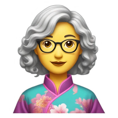 Chinese lady with like Lai gray hair wavy hair to the shoulder length where Chinese dress colourful dress wear glasses sticker