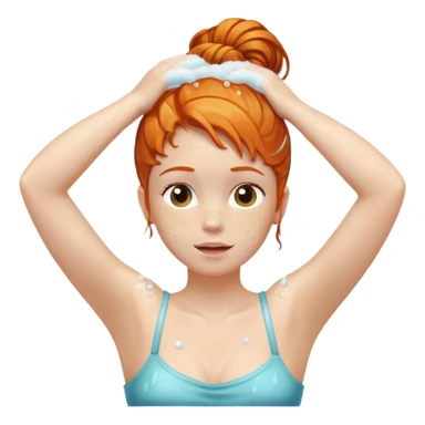 Ginger girl hair up arms up hands on head shower washing hair soapy bubbles sticker