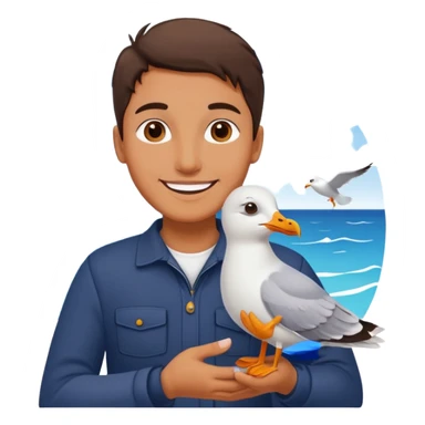 Minimalist emoji-style illustration of a smiling photographer holding a seagull in their hands. Simplified, clean lines, vibrant colors, small size, white background sticker