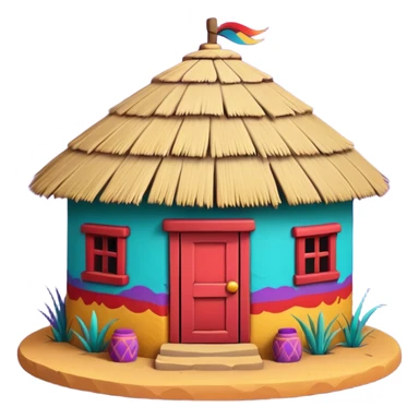 African mud hut tribal house, round adobe clay hut, thatched roof, bright colorful paint, walls in turquoise, red, yellow, purple, tribal patterns, cute mobile game icon, 3D cartoon, soft shadows, clean background, no text, no watermark sticker