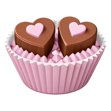 Two square milk chocolate pralines , sharp-edged glossy cubes placed diagonally side by side, each sitting in a small white fluted paper candy cup.
Flat thin pastel pink heart icing centered on top with fine sugar crystal sparkle, clean studio product lighting,  sticker