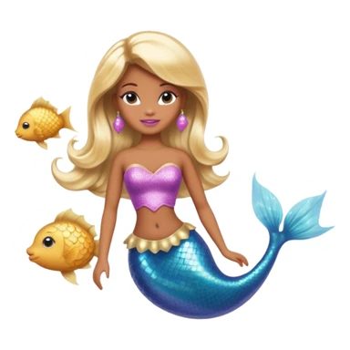 Brown skin blonde hair barbie mermaid with glitter tail  with pufferfish sticker