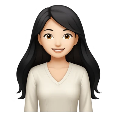 medium tan asian woman with long black hair past middle of back, round brwn eyes, white v neck blouse smiling. sticker