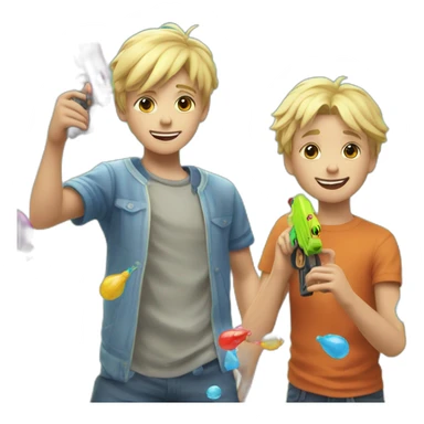 a 11 years old blonde boy and a 5 old years boy playinh wiyh water guns sticker