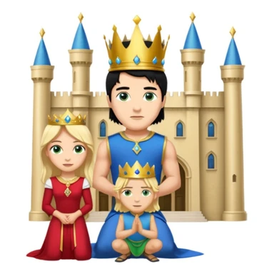 Man as king, standing, black Hair, blue eyes, female Servoamt, blonde, green eyes, shott white sleveless Dress, kneeling, background palace sticker