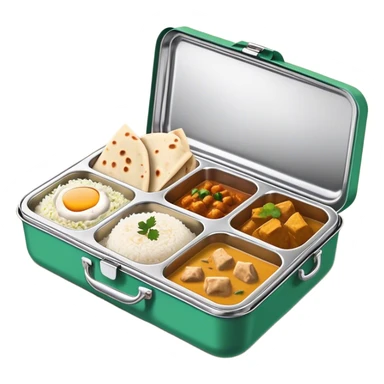 traditional Indian lunchbox (tiffin) with three compartments total, each filled with Indian food—one with rice, one with curry, and one with paratha . The lunchbox should be open, showing the food inside, with steam rising to indicate it’s fresh and hot. sticker