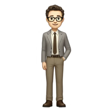 Full height Pale skinned Fit Man With dark brown hair in gray jacket, beige office shirt, tie, Brown pants and vintage glasses. Thrumbs of his palms directed up sticker