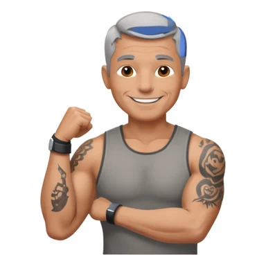 un homme de 50 ans, cheveux court gris, musclé avec le bras droit tatoué sticker