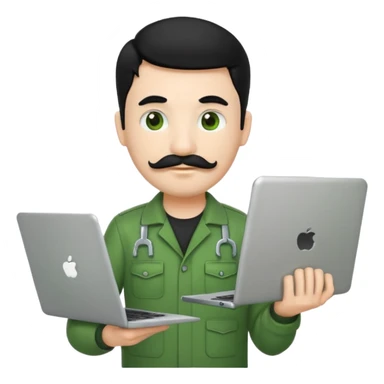 mechanic emoji with white skin, black hair, mustache, wearing green uniform, holding a laptop instead of a wrench sticker
