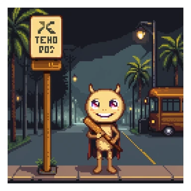 humanoid wooden club with big cartoon eyes and wide smile, barefoot, standing at a dark street bus stop under dim streetlight, holding a bat, background sign 'Pentung Pos Ronda' sticker