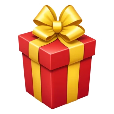 Front-facing upright red gift box with a yellow ribbon and a centered bow, rounded sticker