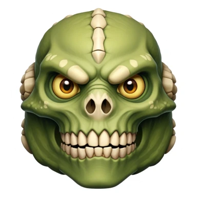 The face of a monstrous, reptilian human fighter with lime eyes, protruding segments of skull and light-brown skin sticker