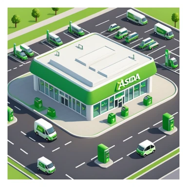 Isometric ASDA store with green logo, petrol station, large parking area, and delivery vans sticker