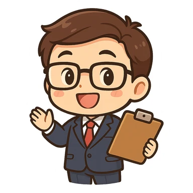 mini manager character, holding clipboard, glasses, chibi proportions, cheerful, simple background, manga-inspired style sticker