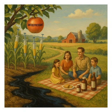 peaceful farm landscape with apples on trees labeled as antidepressants, corn cobs as syringes, soil oozing black oil, a family enjoying a picnic with their food gradually turning into medicine bottles, calm scene with underlying sense of unease sticker