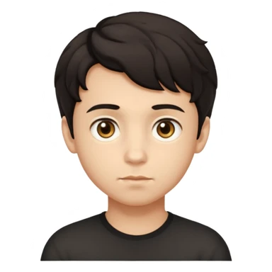 This avatar of boy has tightly curled dark hair styled upward, a rounded face with golden-brown eyes, and a neutral expression sticker
