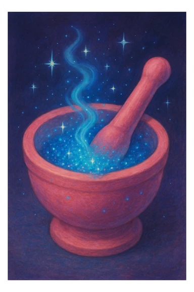 a pink mortar and pestle, blue fairy dust being ground, magical, no text sticker
