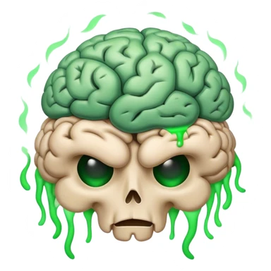 rotting, shriveling brain emoji with green smoke coming up and flies surrounding it sticker