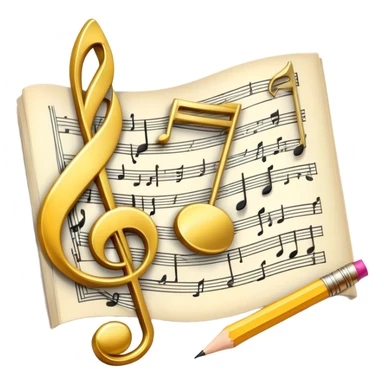 Create a bright and artistic emoji that represents music composition. The design should feature musical notes, a pencil or quill, and a sheet of music, symbolizing the creative process of composing a song. Add a touch of elegance with flowing lines to represent melody and rhythm. Use gold or silver tones for sophistication, and incorporate a mix of vibrant colors to convey creativity. The background should be transparent. sticker