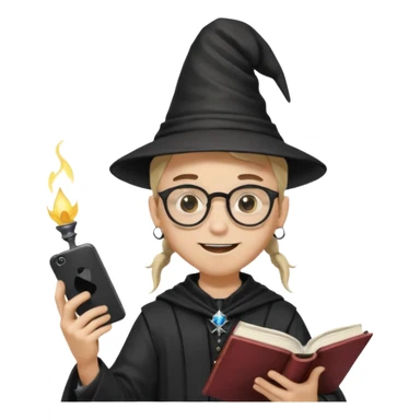 ["A happy boy with light skin, ponytail, wearing a wizard hat and square glasses, dressed in goth fashion, is reading a book while holding a phone."] sticker