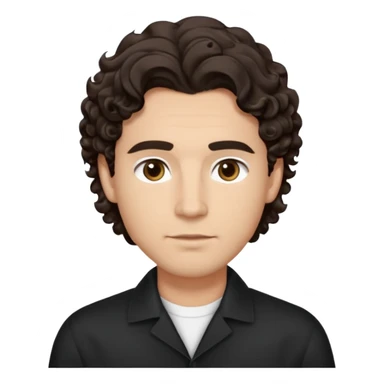 He’s a man with light to medium skin, a defined oval face, full brows, deep-set eyes, and wavy to curly dark brown hair styled with height, sides are low. expression calm and focused relaxed black open-collar shirt.polished, articulate, and professional vibe. sticker