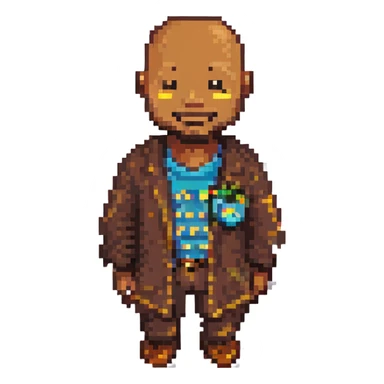 Change the skin tone to a dark brown, keep the 8-bit pixel art style, bald, smiley, low beard, with no background. sticker