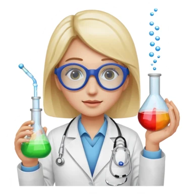 A person wearing safety goggles, a stethoscope, and a white coat. In one hand they hold a test tube containing chemicals  sticker