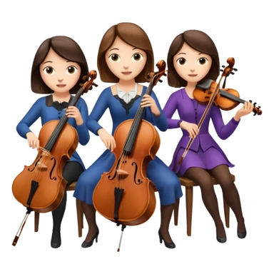 Create an imagine of three brunette women playing string instruments, the first is playing a cello, the second is playing a viola and the third is playing the violin sticker