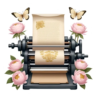 An old-fashioned letterpress printing studio, where stacks of aged parchment are printed with delicate golden floral motifs of soft pink roses and white peonies, as pearl butterflies rest gently on the warm paper.
 sticker