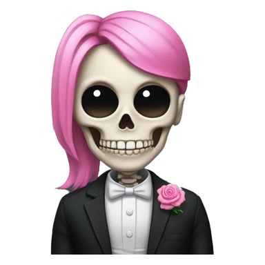 Skeleton emoji, no eyes, with a high pink ponytail wearing a black suit sticker