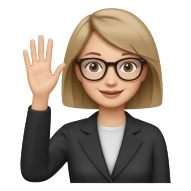 woman dark blonde petite bob haircut wears dark squarish glasses, classic clothes, smiling, waving, a tad older sticker