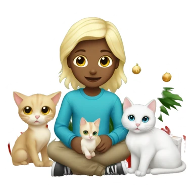 Blond kid with two white and Sibirien cats under a Christmas tree sticker
