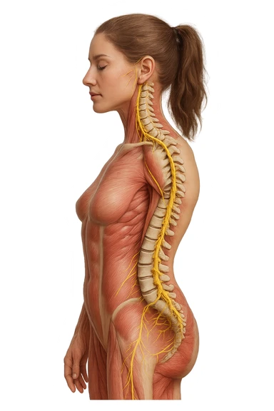 fai un immagine identica che riguarda un esercizio ma mettigli spina dorsale e muscoli in evidenza (anatomica) con colori naturali di un corpo umano (non blu), il nervo giallo si deve vedere molto bene. falla iperrealistica anatomica in 4k con spina dorsale storta in evidenza sticker
