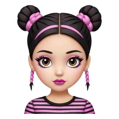 generate a pretty fair bratz girl with dark brown eyes. Dark brown hair straight hair with pink highlights tied into buns.  eyeliner. black lipstick. Black and white striped top.  sticker