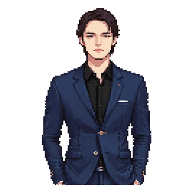 Flat pixel art, focused and reserved male thinker, fair skin, short sleek dark hair, intense sharp eyes, wearing a deep indigo suit jacket over a black shirt, left hand thoughtfully touching chin, waist-up, front-facing sticker