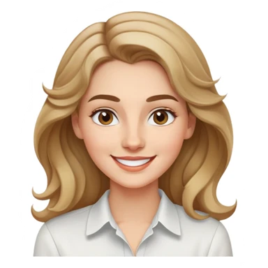 Mujer joven caucasian, cara alargada, cejas suaves, pelo rubio oscuro ondulado con puntas claras, raya al lado. Sonrisa amplia, expresión alegre. Camisa blanca. sticker