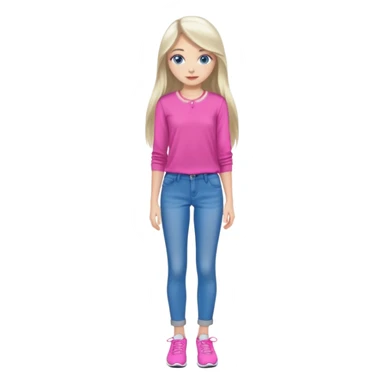 beautiful girl with long fair hair, blue eyes, in a vivid pink blouse, grey jeans and white trainers sticker