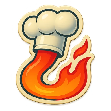 chef's hat pumping with a trail of fire emoji, playful, flame red gradient, hat is white, vibrant, flame matching style reference file sticker