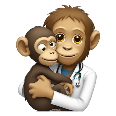 A monkey in a doctor's costume hugging a homeless monkey sticker