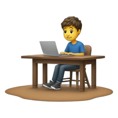 A boy sitting on table with laptop sticker