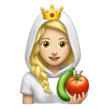 blonde girl  eating  cucumber and tomatoes with white hoodie iridescent and a crown princess sticker