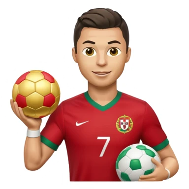 Cristiano Ronaldo as an apple-style emoji, winking, holding a golden ball, Portugal jersey sticker