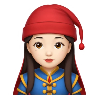 Asian girl wearing dwarf costume with red hat sticker