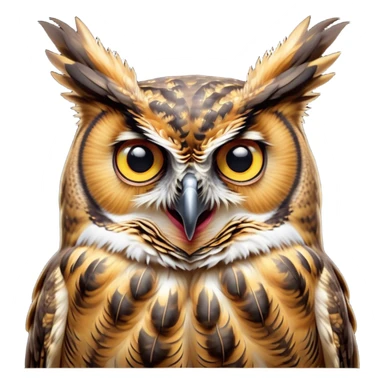 Cinematic Comical Great Horned Owl Portrait Emoji, Head tilted dramatically with an exaggeratedly amused expression, featuring a strikingly patterned mottled plumage with bold contrasts, wide, expressive golden eyes filled with playful disbelief, Simplified yet hilariously expressive features, highly detailed, glowing with a slightly sassy glow, high shine, dramatic yet playful, stylized with an air of cheeky nocturnal mischief, bright and endearing, soft glowing outline, capturing the essence of a spirited and over-the-top owl, so meme-worthy it feels like it could hoot its way into internet fame instantly! sticker