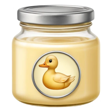small squat glass jar of pale yellow duck fat with a metal lid, creamy layer visible, no label or extras, soft lighting, subtle shadows, emoji scale sticker