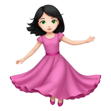 Una chica de 10 años volando con la piel clara el pelo negro y los ojos verdes con un vestido largo y rosa sticker
