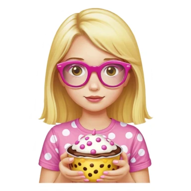 a girl with long lashes, long blonde hair, pink glasses, wearing a yellow polka dot t-shirt, holding a pudding sticker