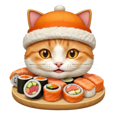 happy cat wearing a hat made out of sushi sticker