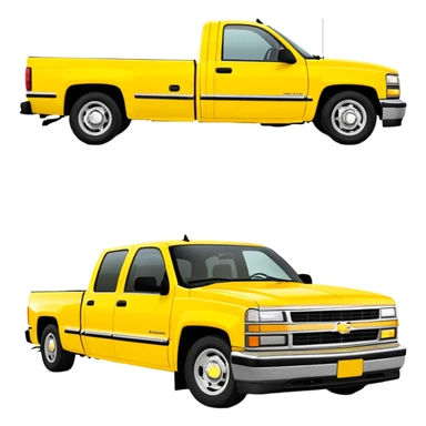 Iconic yellow 1997 Chevrolet C-2500 Crew Cab Silverado from Tarantino's Kill Bill, 30-degree perspective showing front and side, vibrant yellow paint job, minimalist style, iOS emoji sticker